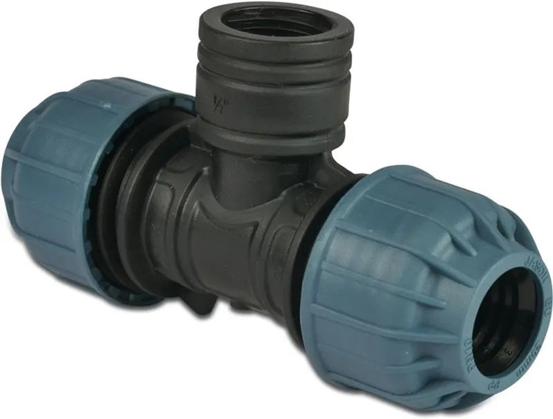 PP T-Stück 90° mit Innengewinde – Typ Jason | Klemm x IG x Klemm | DVGW / KIWA / WRAS